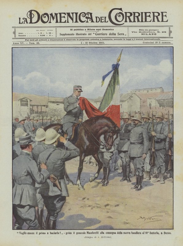 Jeg vil være den første til at kysse det," råber general Mambretti, da han overrækker det nye flag? af Achille Beltrame