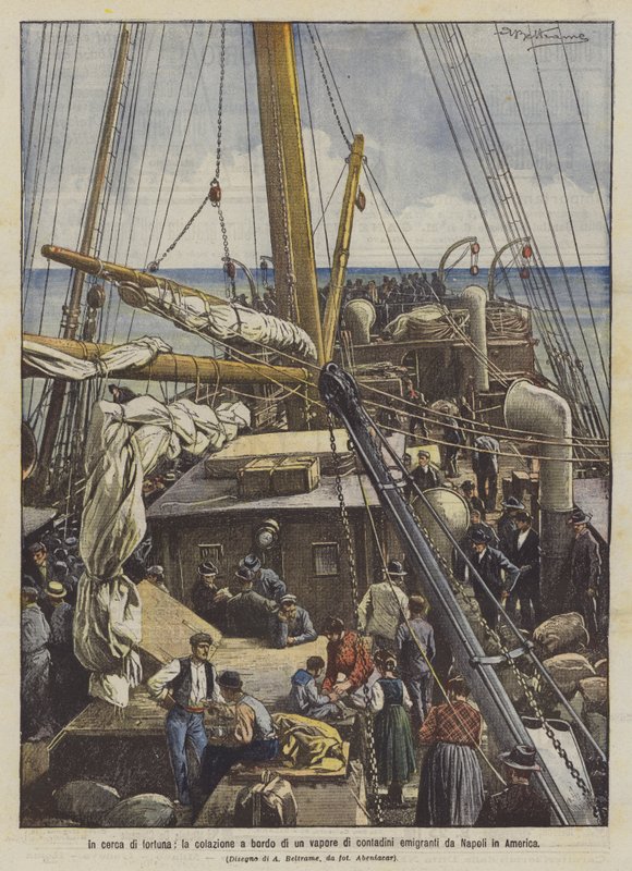 på jagt efter lykken, morgenmad om bord på et dampskib med bønder, der emigrerer fra Napoli til Amerika af Achille Beltrame