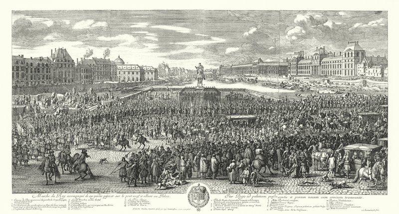 Ludvig XIV af Frankrig og hans vagt krydser Pont-Neuf i Paris på vej til Palais du Louvre (gravering) af Adam Frans van der Meulen