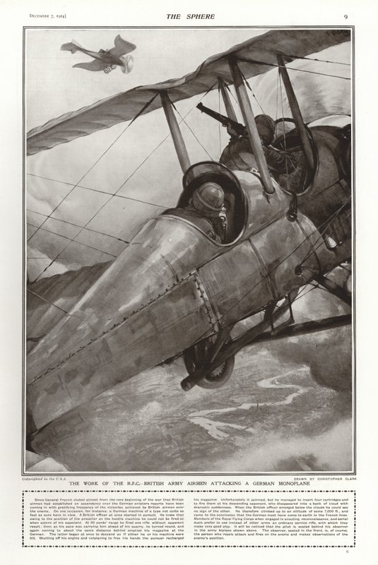 Flyvere fra den britiske hær fra RFC angriber et tysk enmotorfly under Første Verdenskrig af Addison Thomas Millar