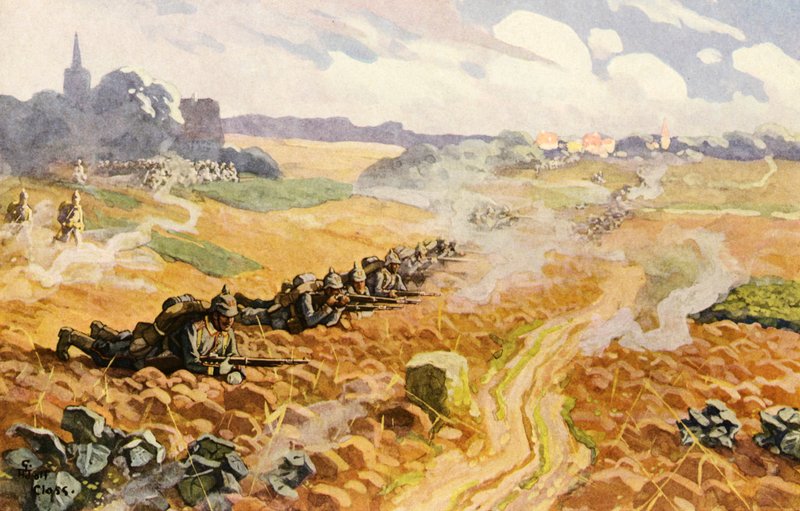 Preussisk infanteri af linjen på angrebet (farve litho) af Adolf Closs