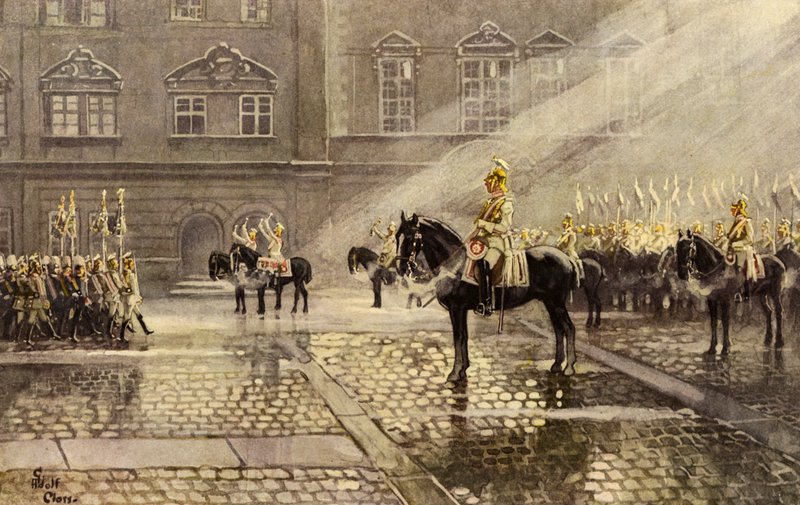 Standardlejeeskadron fra Gardes du Corps, livvagt for den tyske kejser (farve litho) af Adolf Closs