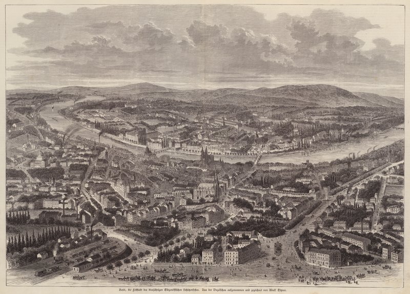 Fugleperspektiv af Basel, Schweiz (gravering) af Adolf Eltzner