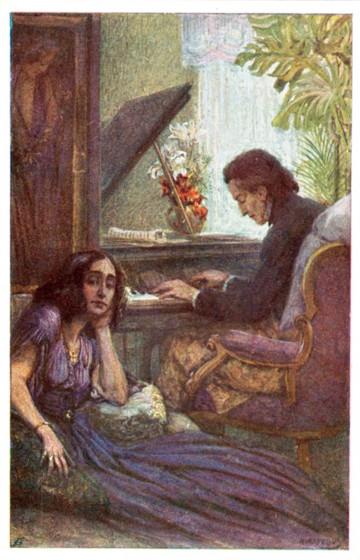Musiker og komponist, Frederic Chopin, med George Sand af Adolf Karpellus (farve litho) af Adolf Karpellus