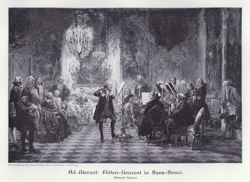 Fløjtekoncert i Sanssouci-paladset, Potsdam, Preussen (gravering) af Adolph Friedrich Erdmann von (after) Menzel