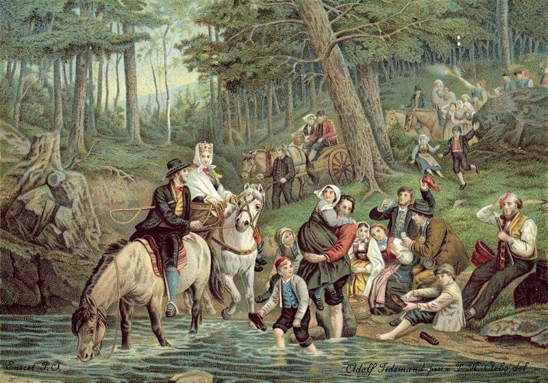 Norsk scene (farve litho) af Adolph Tidemand