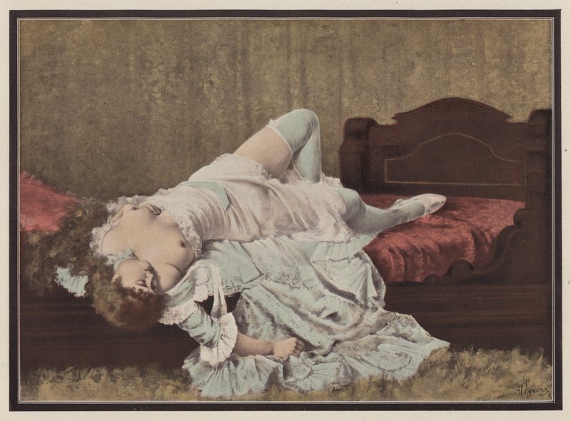 Kvinde liggende på en seng (farve litho) af Adolphe Frederic Lejeune