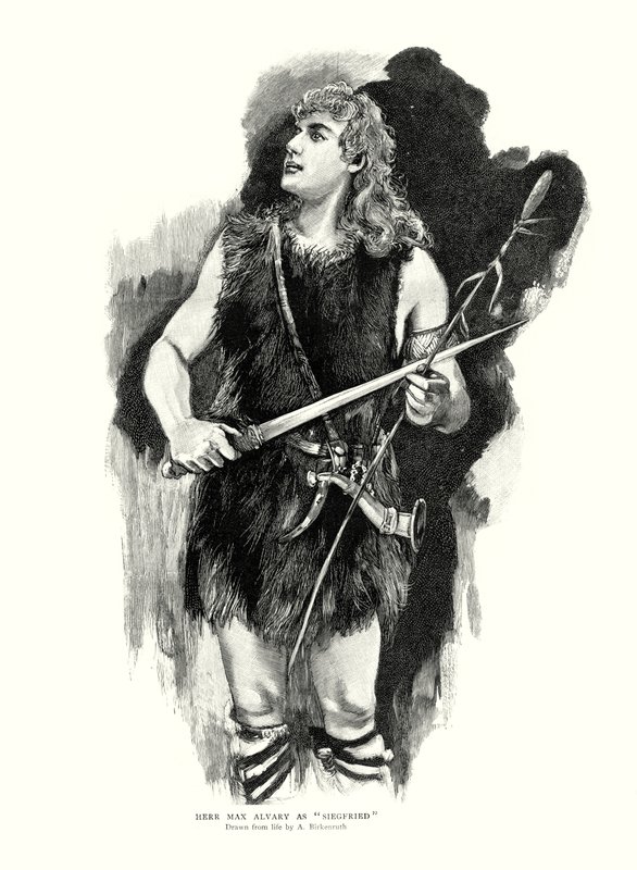 Den tyske tenor Max Alvary som Siegfried i Richard Wagners opera Die Walkure i Royal Opera House, Covent Garden, London (litho) af Adolphe Birkenruth