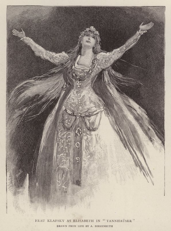 Den ungarske sopran Katharina Klafsky som Elisabeth i Richard Wagners opera Tannhauser i Royal Opera House, Covent Garden, London af Adolphe Birkenruth
