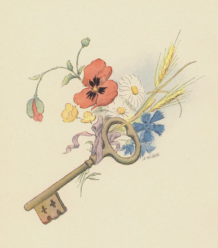 Nøgle og blomster (farve litho) af Adolphe Leon Willette