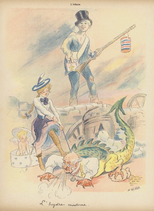 The Modern Hydra (farve litho) af Adolphe Leon Willette