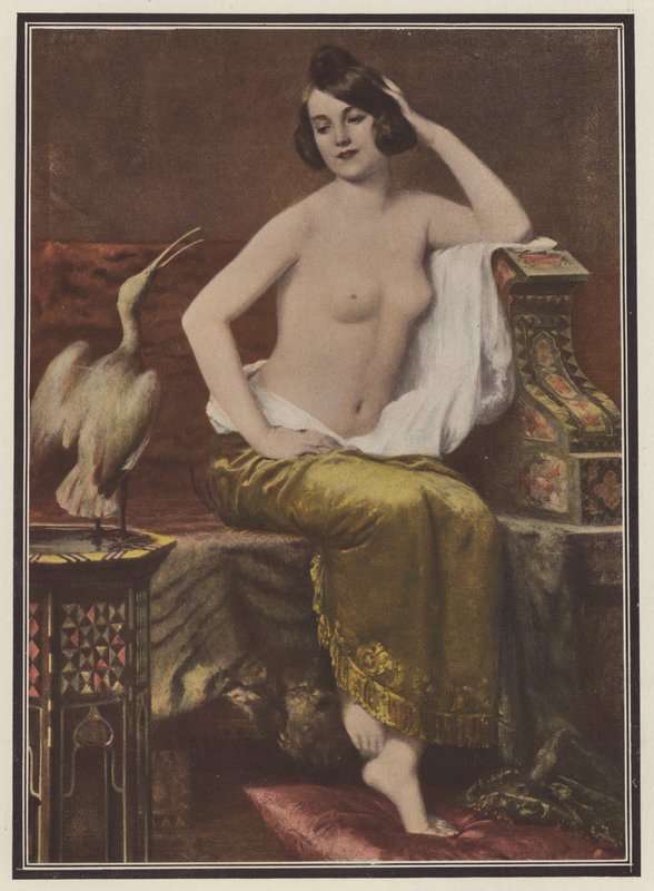Favoritten, kvinde med en fugl (farve litho) af Adolphe Weisz