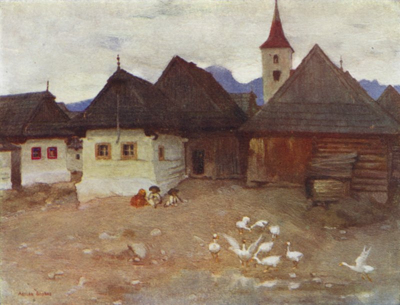 Tjekkoslovakiet: Vazsecz, en slovakisk landsby (farve litho) af Adrian Scott Stokes