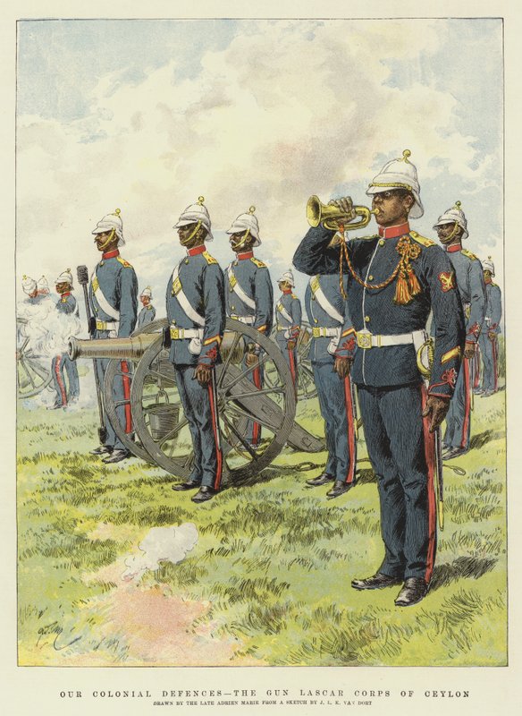 Vores koloniale forsvar, Gun Lascar Corps of Ceylon (chromolitho) af Adrien Emmanuel Marie
