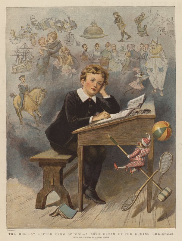 Feriebrevet fra skolen, en drengs drøm om den kommende jul (chromolitho) af Adrien Emmanuel Marie