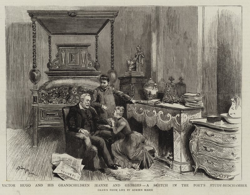 Victor Hugo og hans børnebørn Jeanne og Georges, en skitse i digterens arbejdsværelse af Adrien Emmanuel Marie