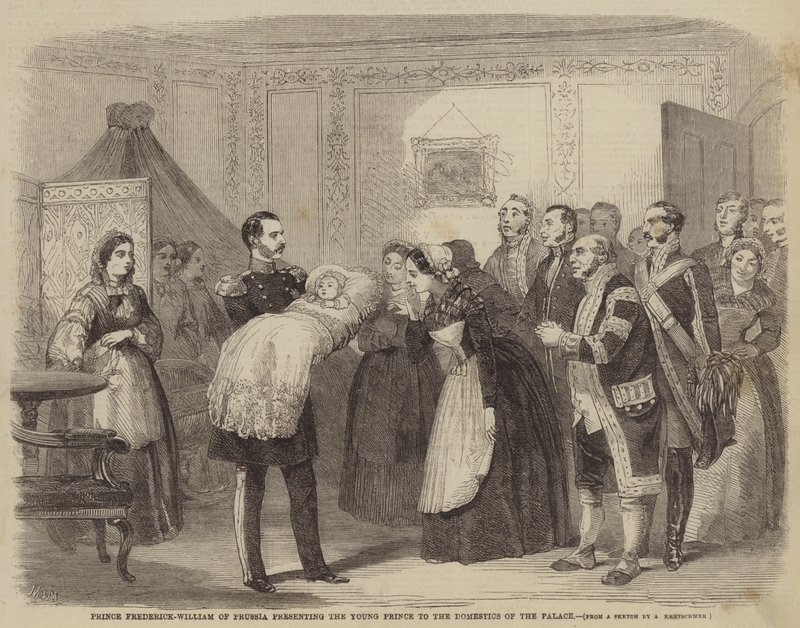 Prins Frederick-William af Preussen præsenterer den unge prins for slottets husfolk af Albert Kretschmer
