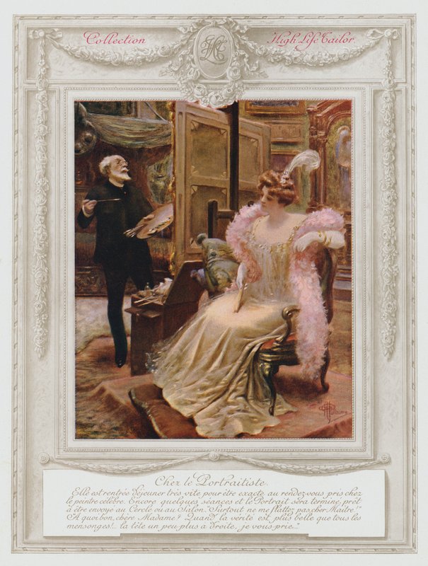 Belle Epoque Paris, moderigtig dame, der får sit portræt malet (farve litho) af Albert Guillaume