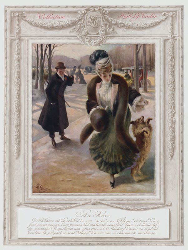 Belle Epoque Paris, moderigtig dame i Bois de Boulogne (farve litho) af Albert Guillaume