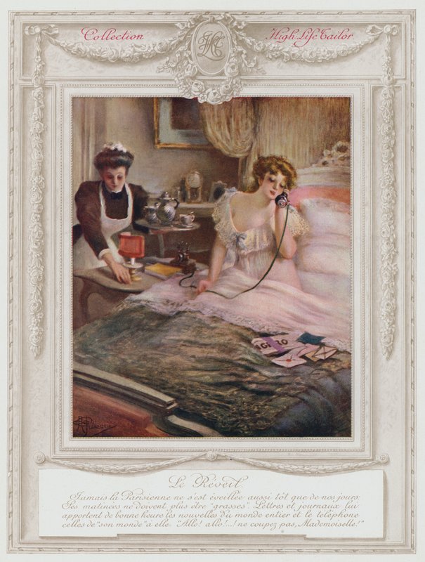 Belle Epoque Paris, moderigtig dame vågner op (farve litho) af Albert Guillaume