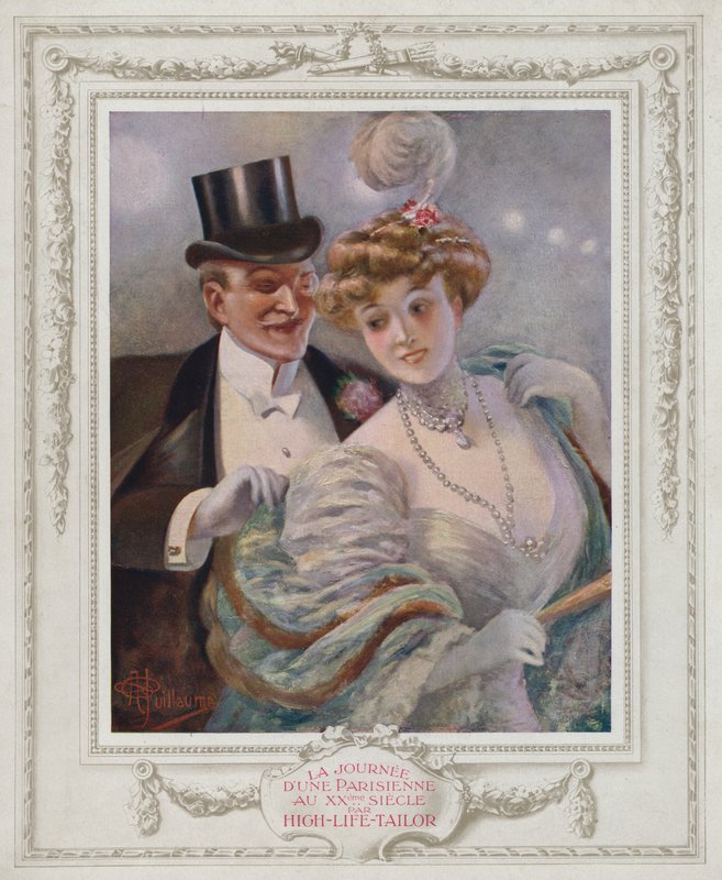 Belle Epoque Paris, moderigtig dame med sin beundrer (farve litho) af Albert Guillaume