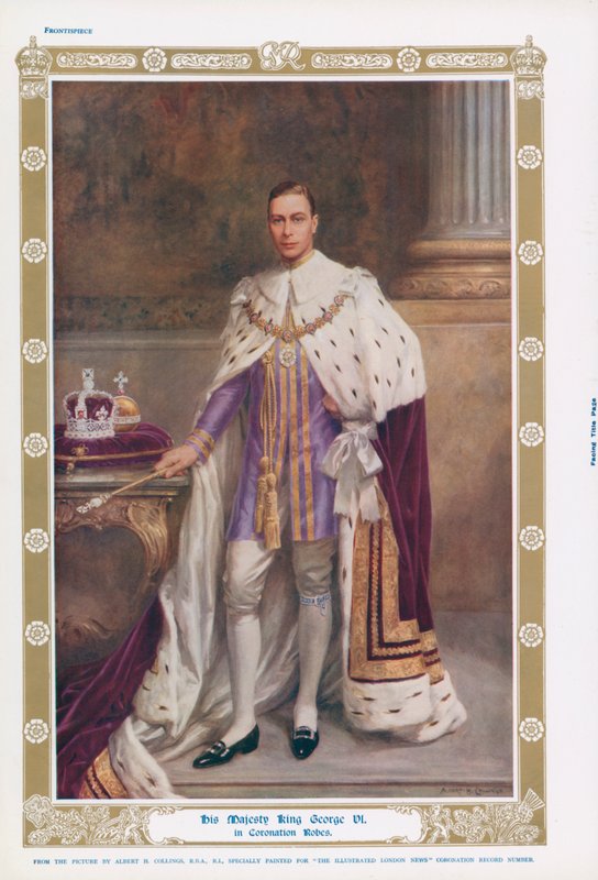 Kong George VI i sine kroningsdragter (farve litho) af Albert Henry (after) Collings