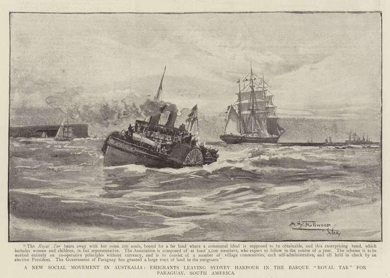 En ny social bevægelse i Australien, emigranter forlader Sydney Harbour i Barque Royal Tar til Paraguay, Sydamerika af Albert Henry Fullwood