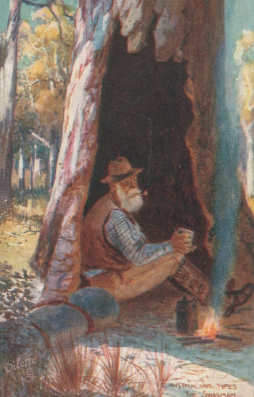 Australske typer: The Swagman (farvelitografi) af Albert Henry Fullwood