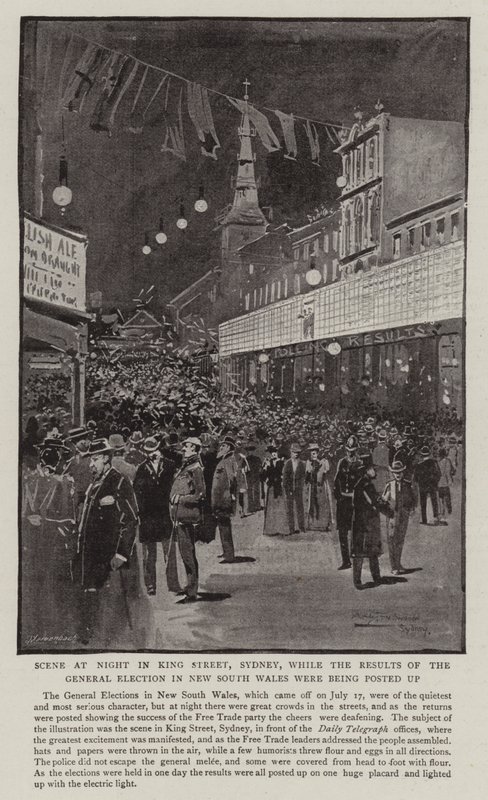 Scene om natten i King Street, Sydney, mens resultaterne af parlamentsvalget i New South Wales blev offentliggjort af Albert Henry Fullwood