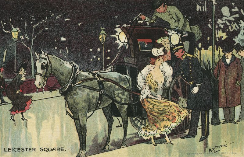 Kvinde forlader en vogn, Leicester Square (farve litho) af Albert Jnr. Ludovici