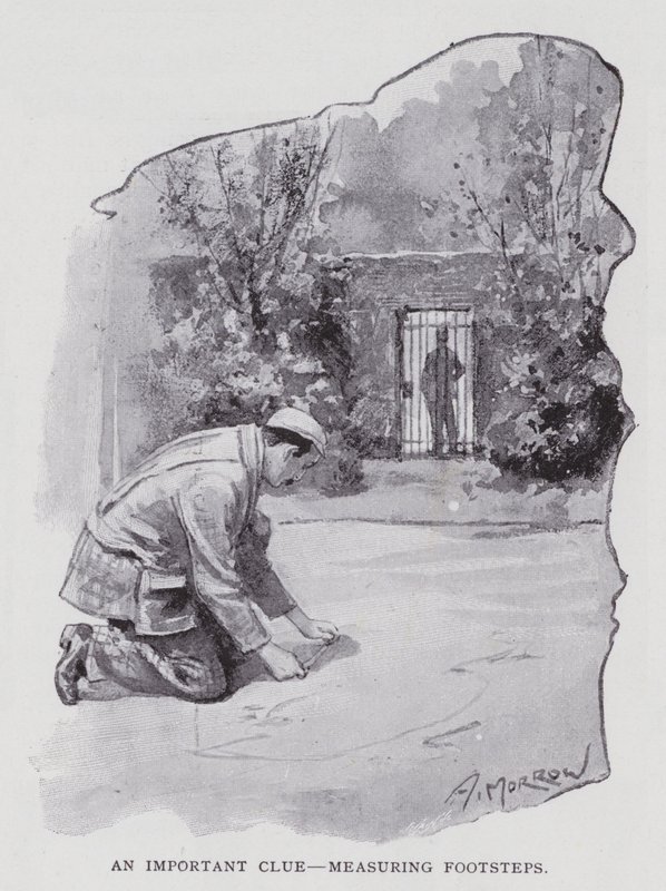 Et vigtigt spor, måling af fodtrin (litho) af Albert Morrow