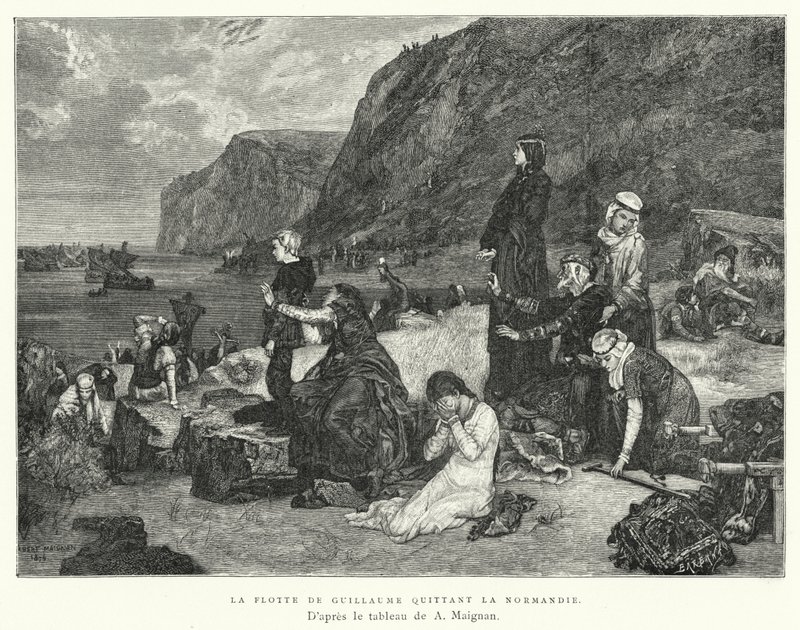 Guillaumes flåde forlader Normandiet (gravering) af Albert Pierre René (after) Maignan