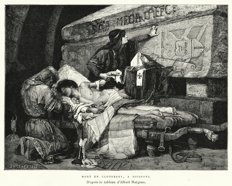 Death Of Clodebert, At Soissons (gravering) af Albert Pierre René (after) Maignan