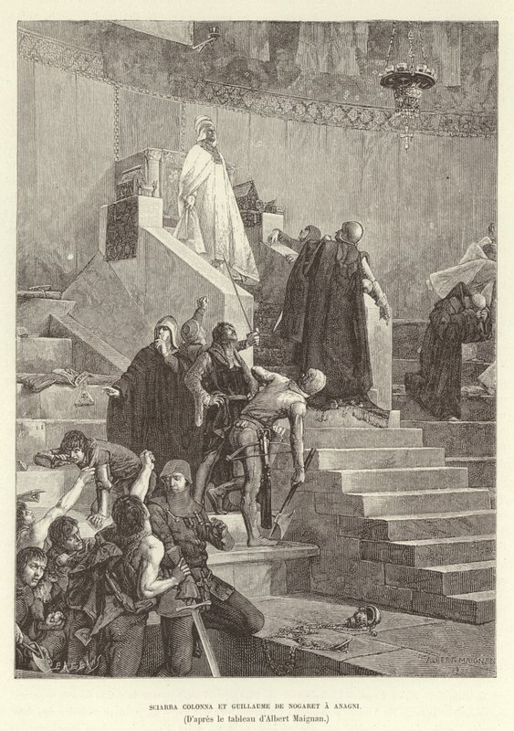 Sciarra Colonna og Guillaume de Nogaret i Anagni. Sciarra Colonna og Guillaume de Nogaret konfronterer pave Boniface VIII i Anagni, Italien af Albert Pierre Rene Maignan