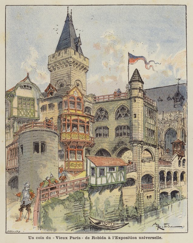 Et hjørne af Robidas Old Paris på Exposition Universelle af Albert Robida