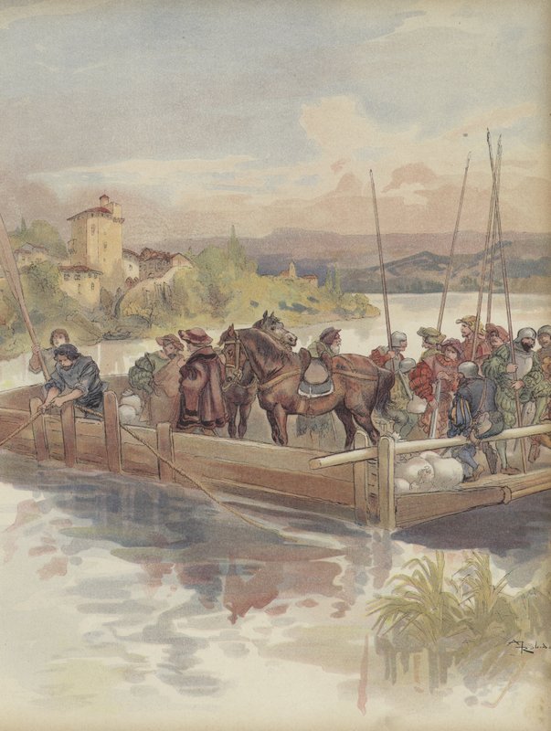 Bourbon flygter, manglende anerkendelse af soldater, når de passerer en færge af Albert Robida