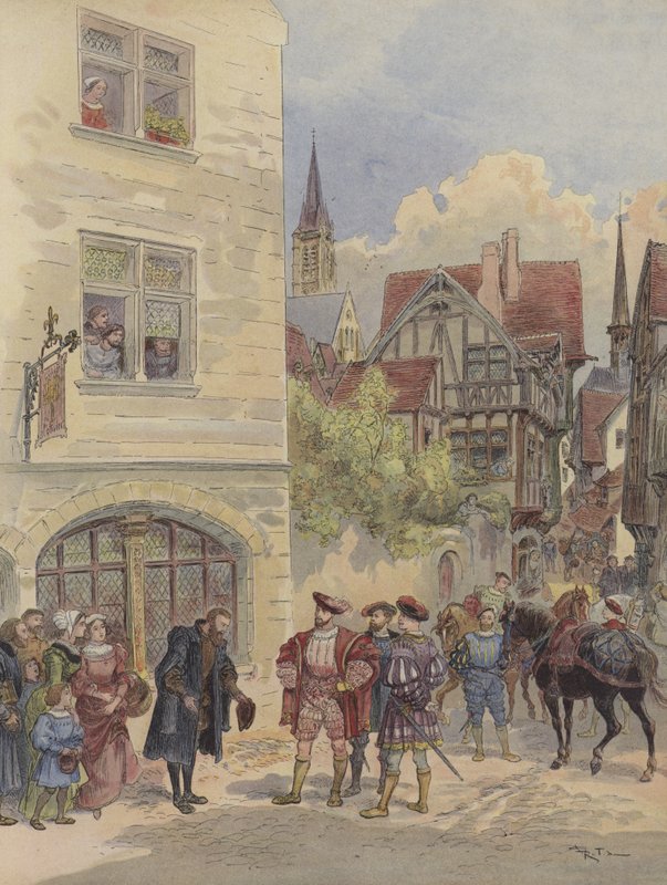 Francois Ier modtages af Estienne, ved døren til hans trykkeri, ved skiltet Olivier, rue Saint-Jean-de-Beauvais, i Paris af Albert Robida