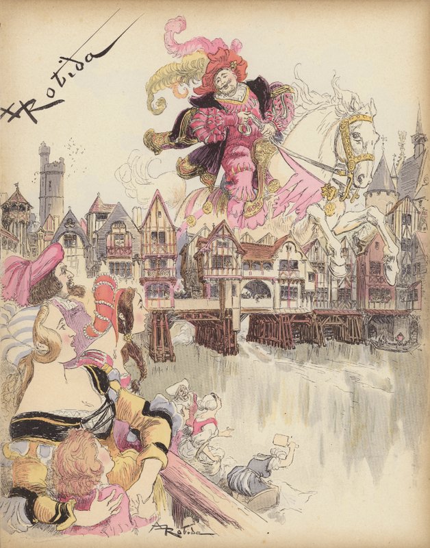 Rytter hopper over en bro (farve litho) af Albert Robida