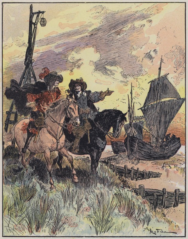 Illustration til Le Capitaine Bellormeau af og illustreret af A Robida (farve litho) af Albert Robida