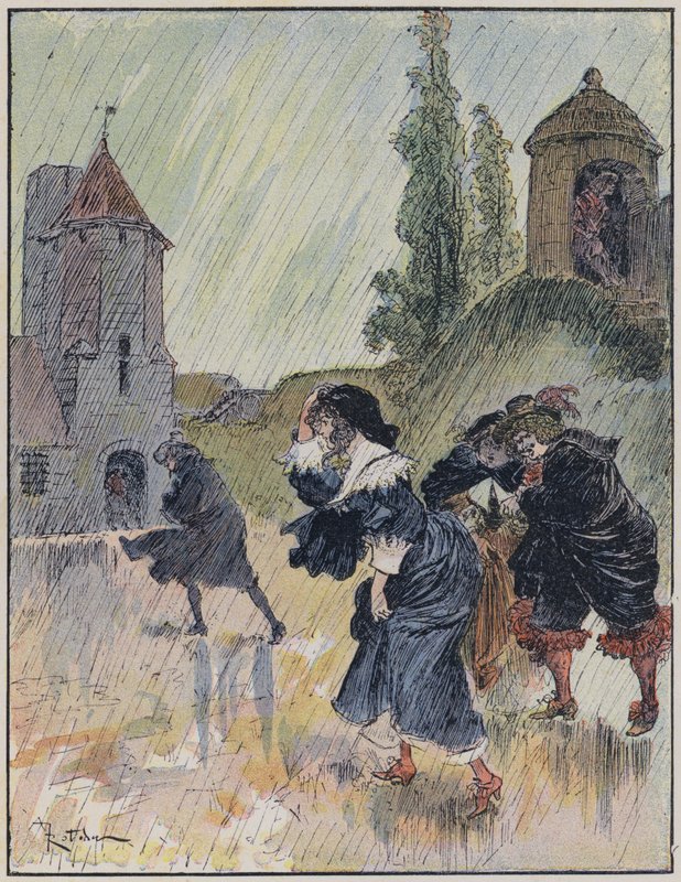 Illustration til Le Capitaine Bellormeau af og illustreret af A Robida (farve litho) af Albert Robida
