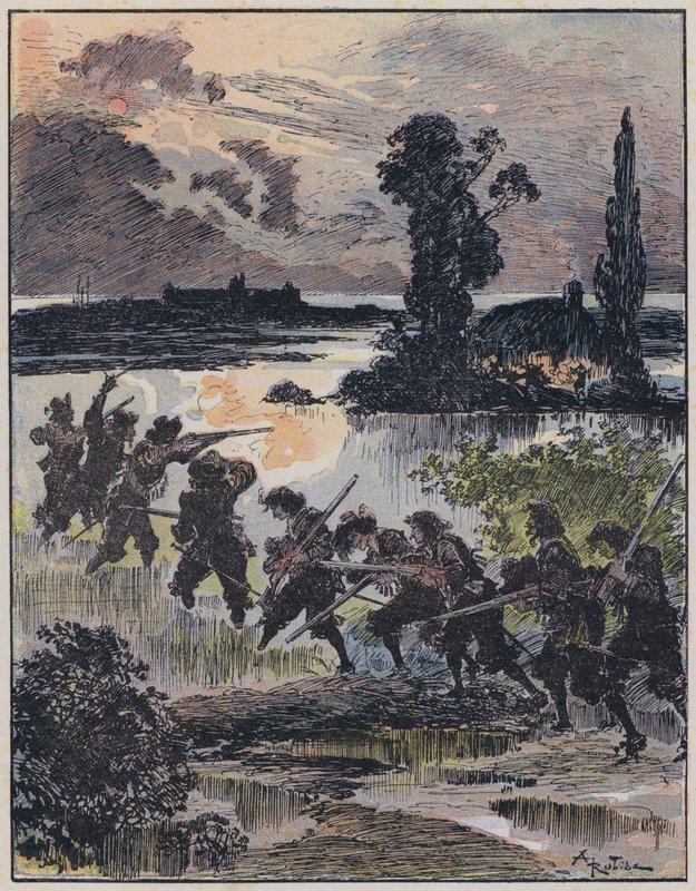 Illustration til Le Capitaine Bellormeau af og illustreret af A Robida (farve litho) af Albert Robida
