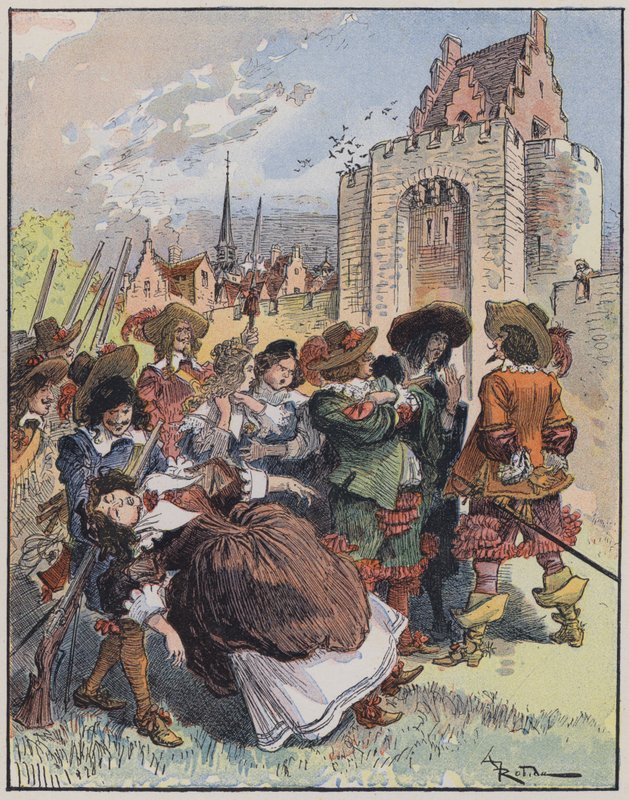 Illustration til Le Capitaine Bellormeau af og illustreret af A Robida (farve litho) af Albert Robida