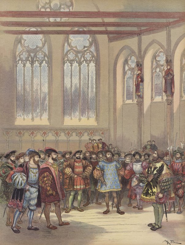 Herolden Burgund, sendt af Charles-Quint, modtages af Francois Ier i parlamentets store sal af Albert Robida
