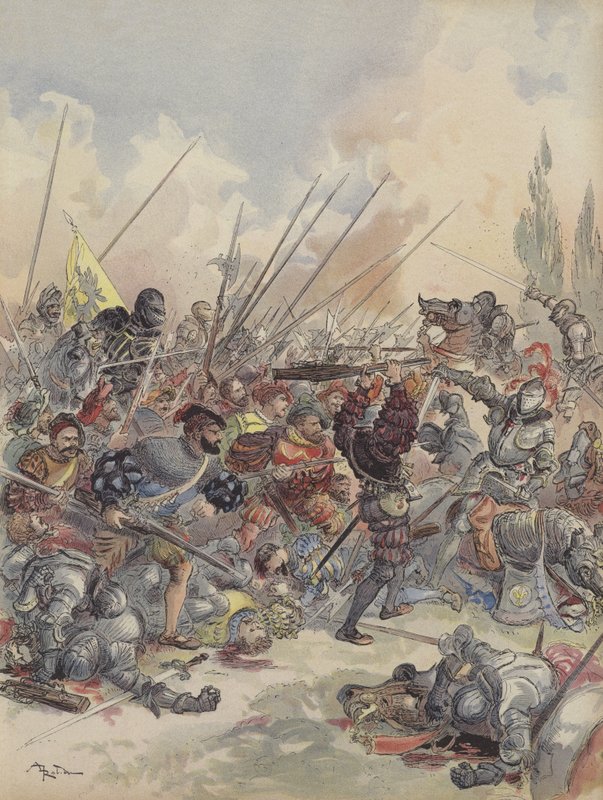 Kongen i Pavia, falder fra sin hest, såret, kæmper mod skyen af ​​overfaldsmænd, der omgiver ham (farve litho) af Albert Robida