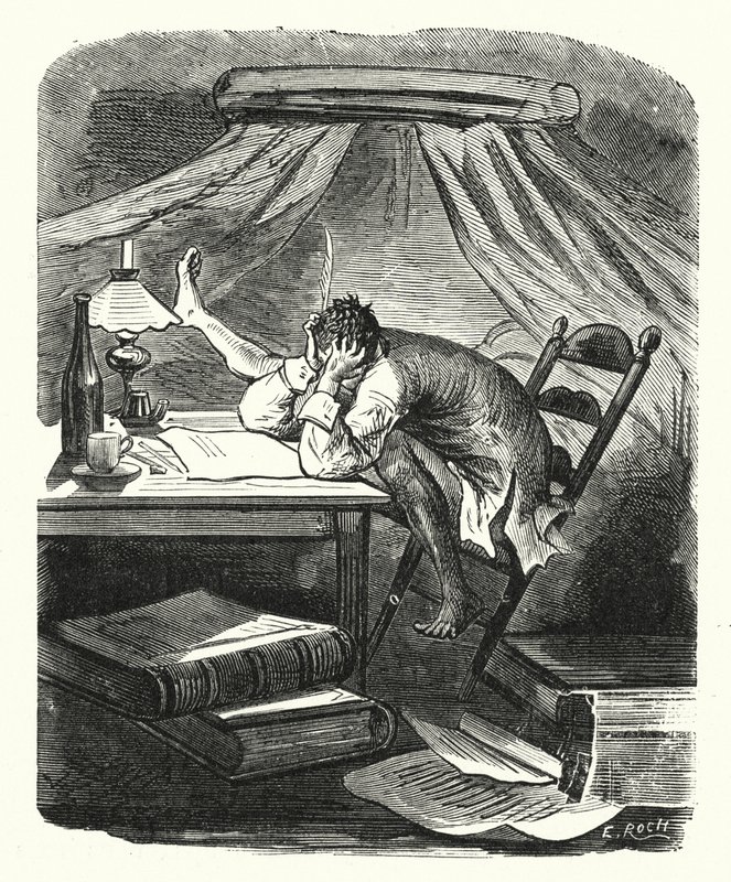 Mand læser ved et bord (gravering) af Albert Robida