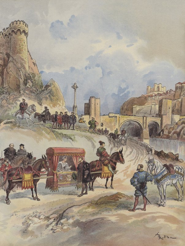 Marguerite af Frankrig, der skal besøge sin bror, bliver modtaget ved Pont de Toledo af Charles V af Albert Robida