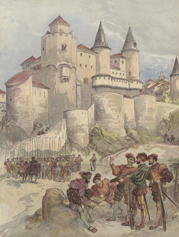 Fangen Francois I er låst inde i et tårn på Alcazar i Madrid af Albert Robida