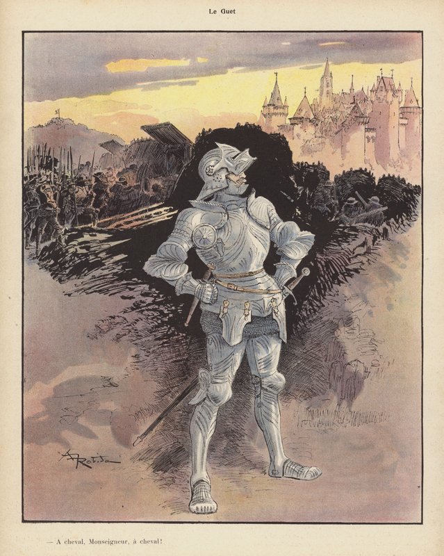 Uret; soldat i rustning ser belejringen af en by (farve litho) af Albert Robida