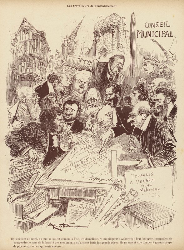 The Workers of the Disfiguration: Planlægningsafdelingen i en kommunalbestyrelse (litho) af Albert Robida