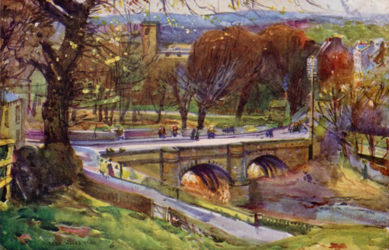 Whalley, kirken og landsbyen (farve litho) af Albert Woods